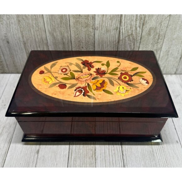 Vtg San Francisco Music Box Company Jewelry Inlaid Lacquered Wood Floral Design - Picture 1 of 10